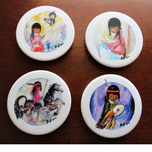 Set 4 DeGrazia Sandstone Pottery Vibrant Drink Table Coasters 4.25-inch diameter